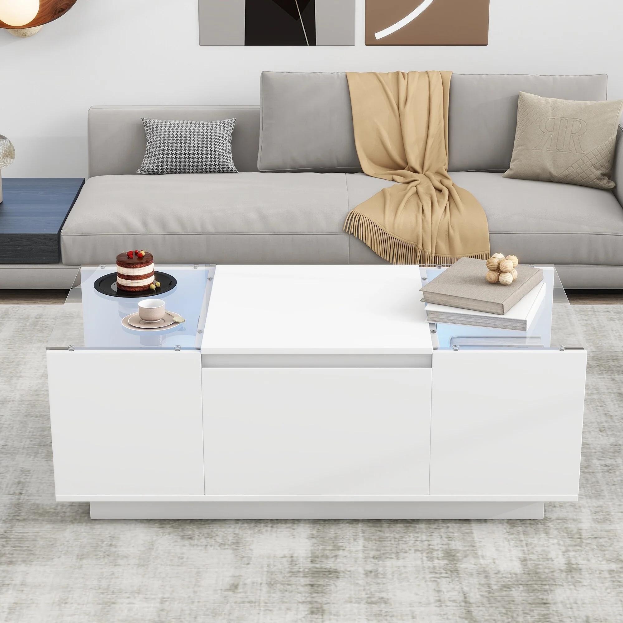 Modern Center Table with High-Gloss Finish and Glass Tabletop, Coffee Table with Open Storage Compartment and 2 Hidden Drawers