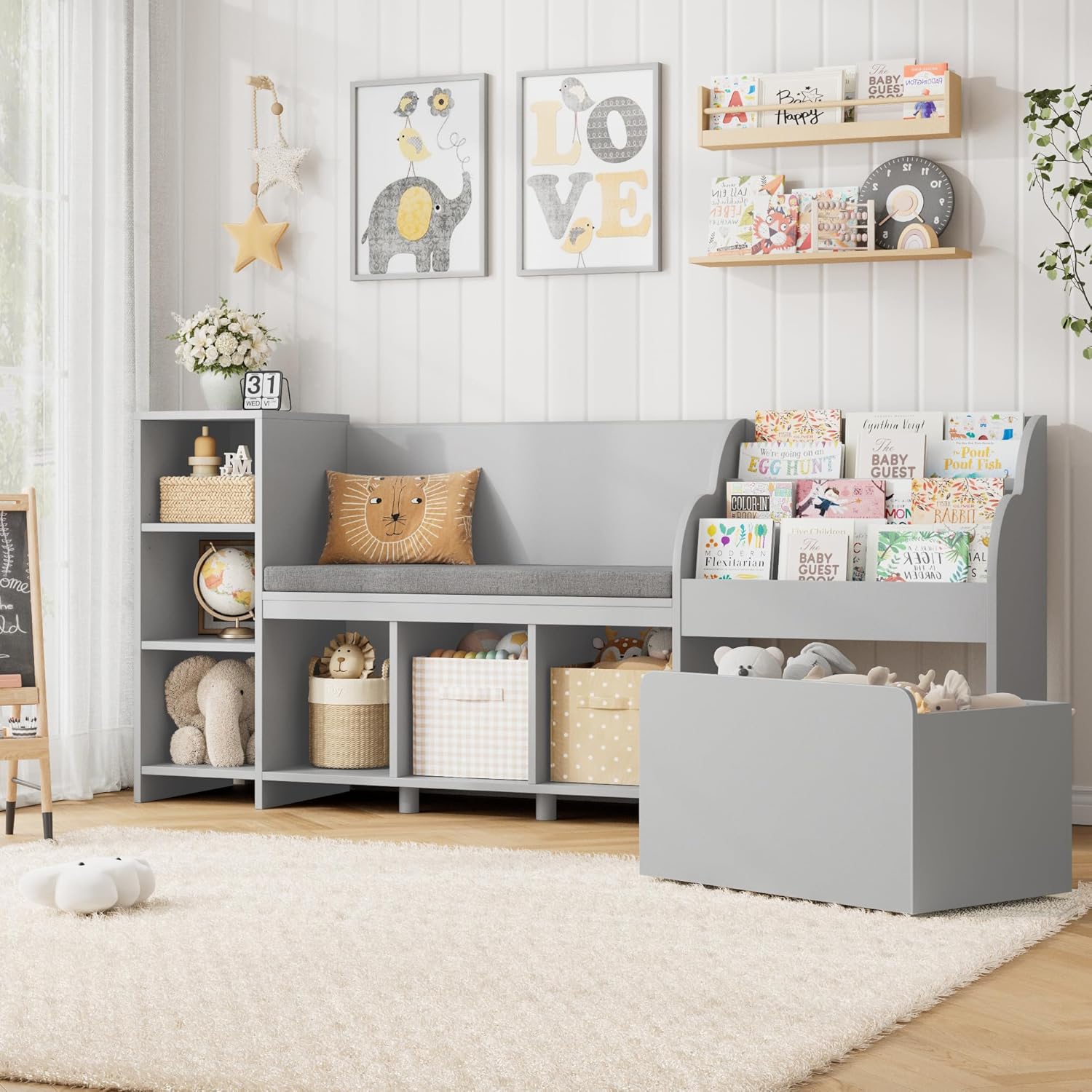 HOSTACK 67 W Kids Reading Nook with Toy Storage Organizer, Large Kids Bookshelf with Toy Storage Box on Wheels, Big Kid Bookcase with Bench and 6 Open Cubbies for Playroom, Kid Room, Grey