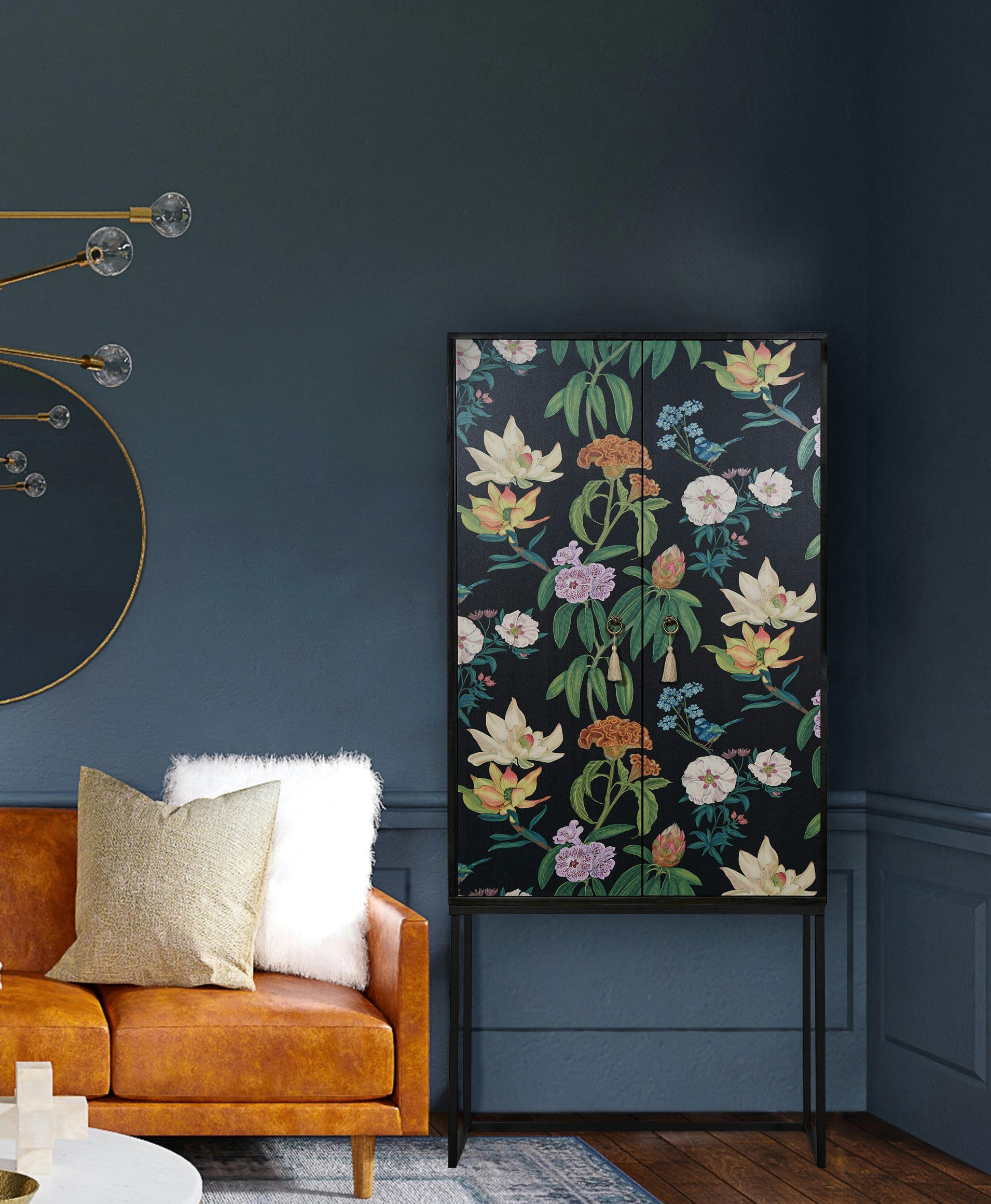 JARA - Buffet armoire 2 portes en MDF imprimé floral fond noir