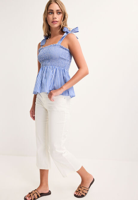 Womens Blue Stripe Shirred Cami Top
