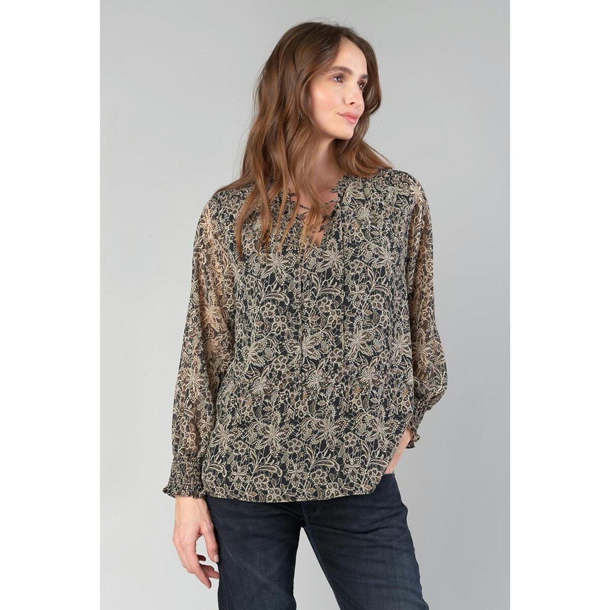 Blouse col v imprimé, manches longues