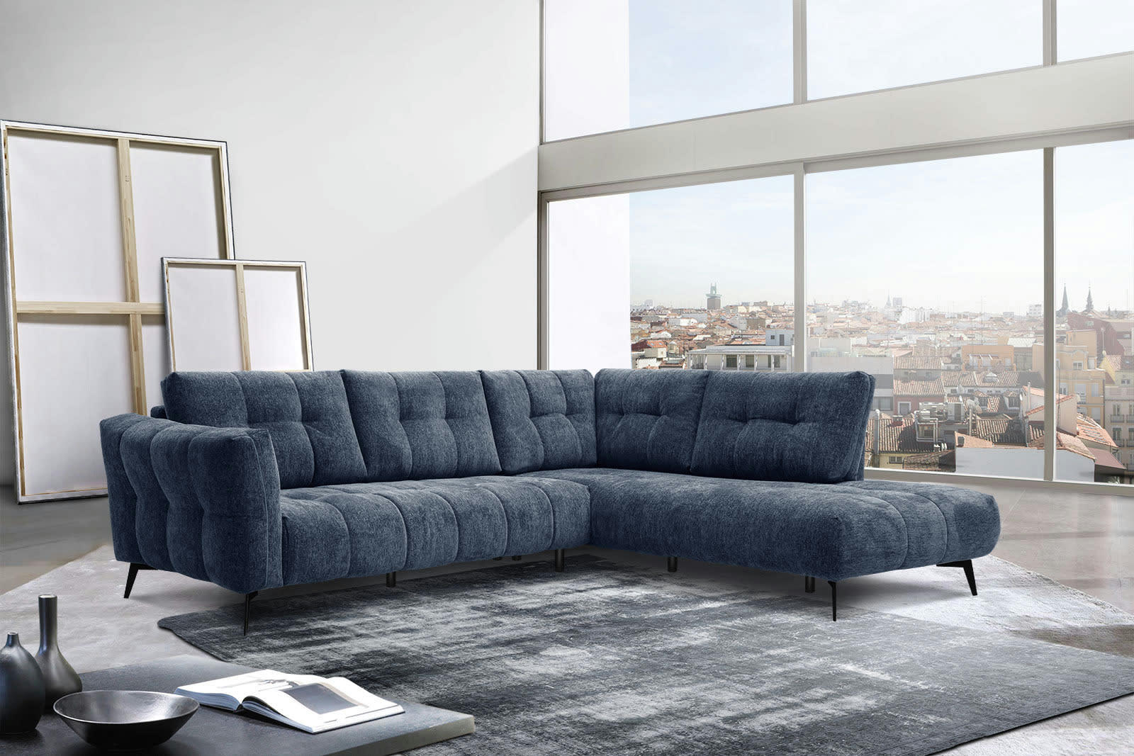 KALMER - Canapé d'angle droit 5 places tissu bleu foncé