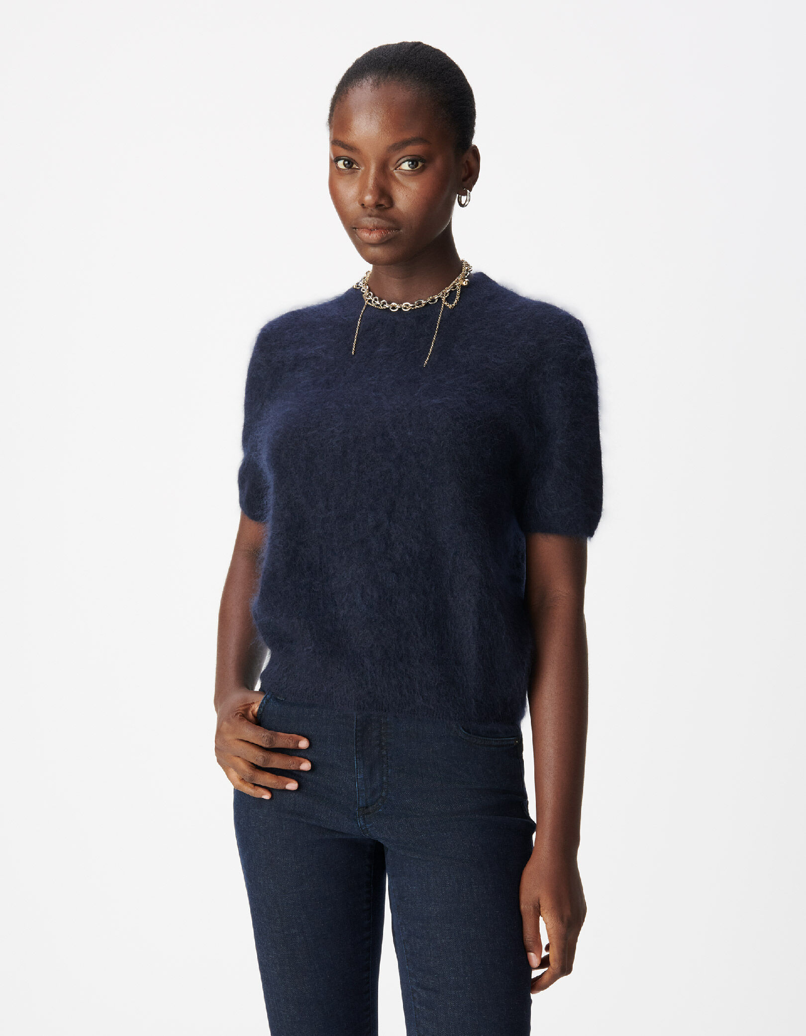 Pull col rond marine tricot cachemire brossé Femme