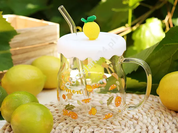 Kubek szklany z silikonową pokrywką i szklaną słomką 600 ml Altom Design - Cytryna 07.K.3516