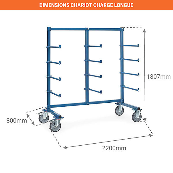 Chariot cantilever avec butées - Surface utile : 2000 x 800 mm - Charge max 500kg - 4616AS