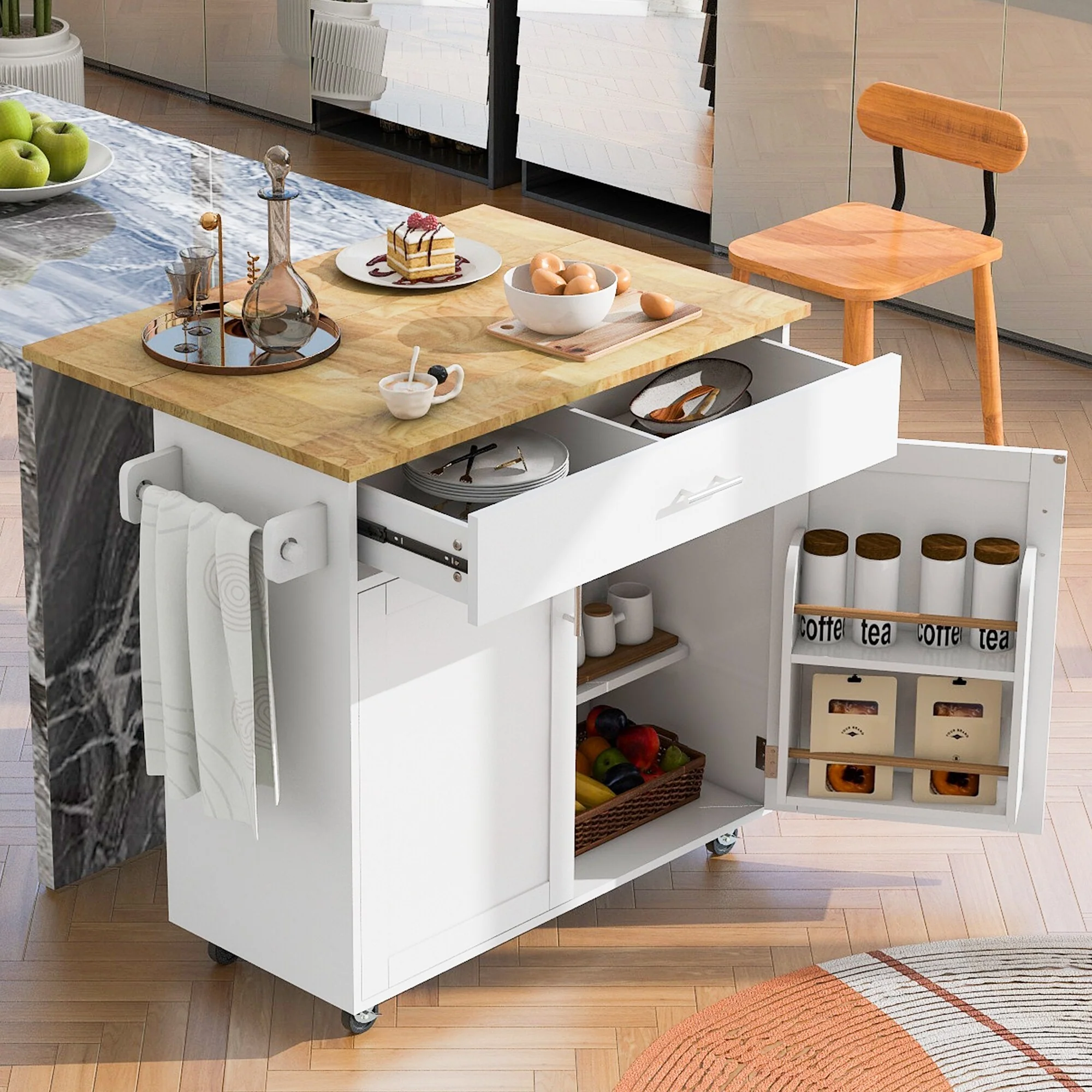 Kitchen Island Cart on Wheels, Rolling Island Kitchen Carts, Kitchen Island with Drop Leaf Wood Top, Drawer & Storage Rack