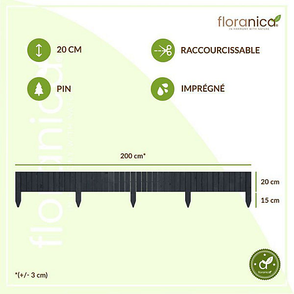 Floranica Bordure de jardin en bois flexible 20 x 200 cm Anthracite avec piquets, idéale pour délimiter pelouse et massifs de fleu