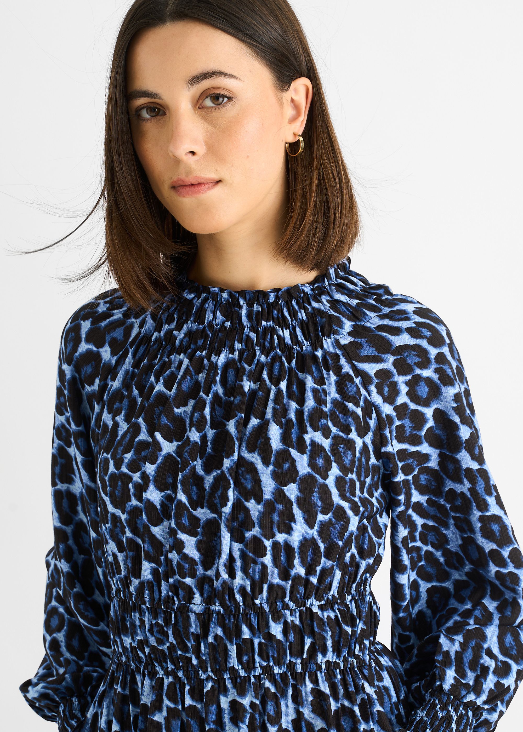 Gini London Blue Animal Print Shirred High Neck Maxi Dress