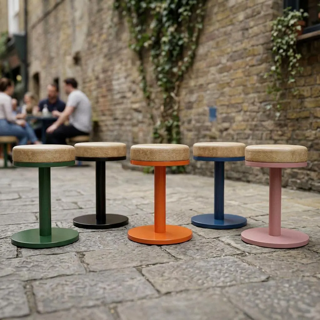 Colorful Metal Pedestal Stool, Round Cafe Restaurant Seating, Faux Leather Vanity Chair, Low Accent Stool, Entryway Shoe Stool, Salon Stool