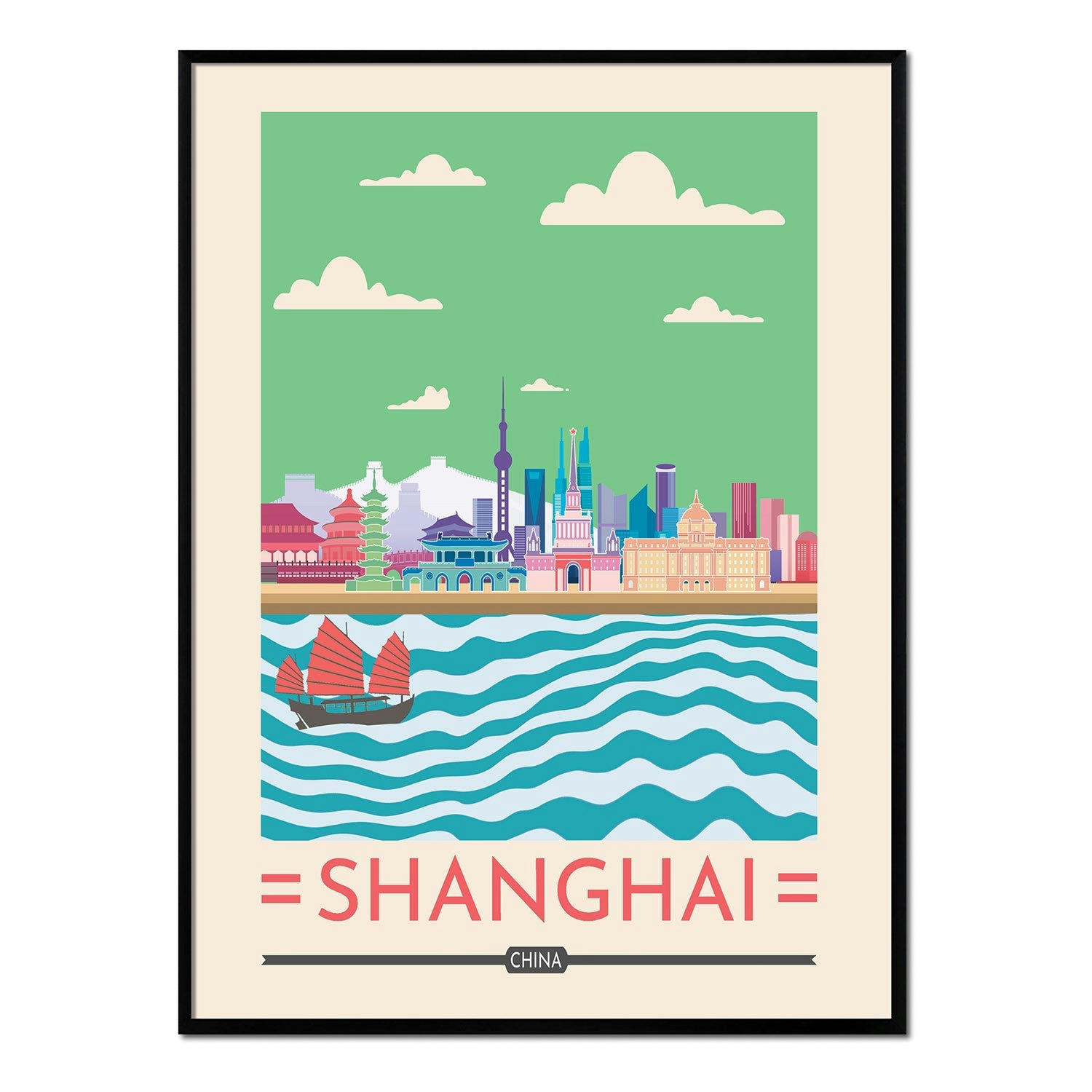 CIUDADES - Affiche avec cadre noir - Shanghai - 50x70
