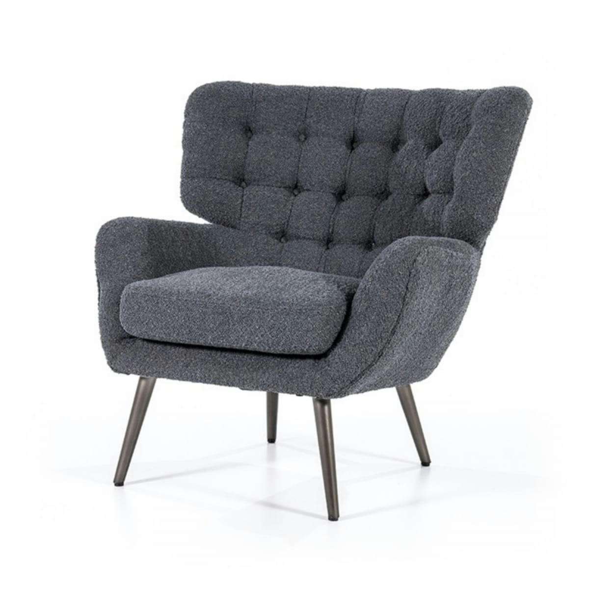 PIPOU - Fauteuil haut dossier en tissu bouclé gris