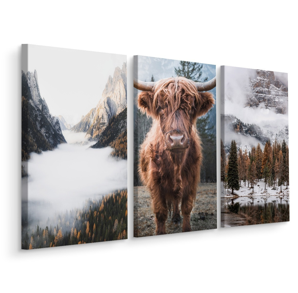 Obraz Tryptyk Krowa LAS we Mgle Pejzaż 3D 60x40cm