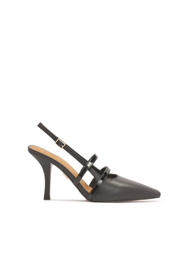 Black slingback pumps with patent leather straps