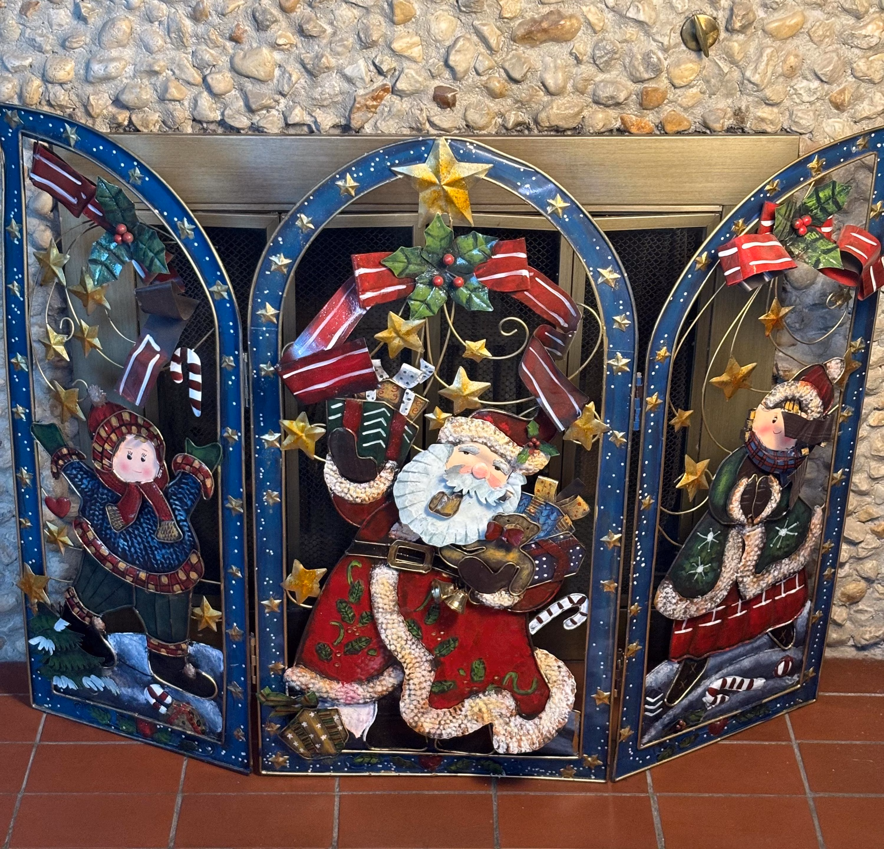 Vintage Large Grandeur Noel 2003 Christmas Metal Fireplace Screen | Santa Clause Design | Holiday | Decorative | 36x48