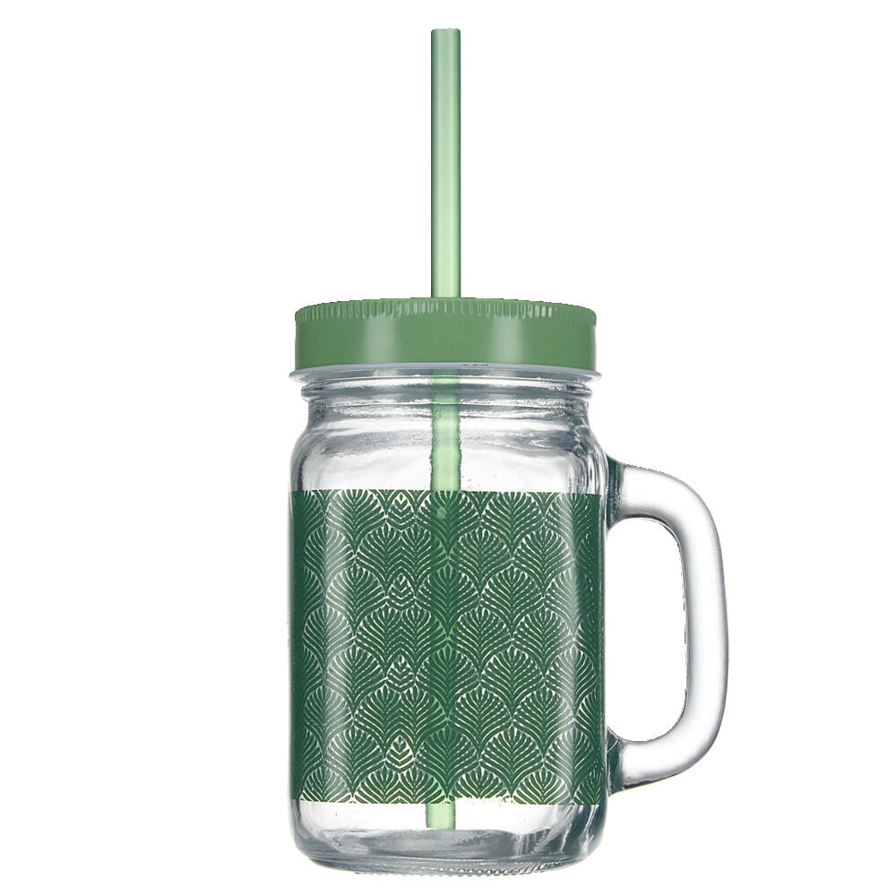 Gobelet en verre imprimé avec poignée paille et couvercle 480ml