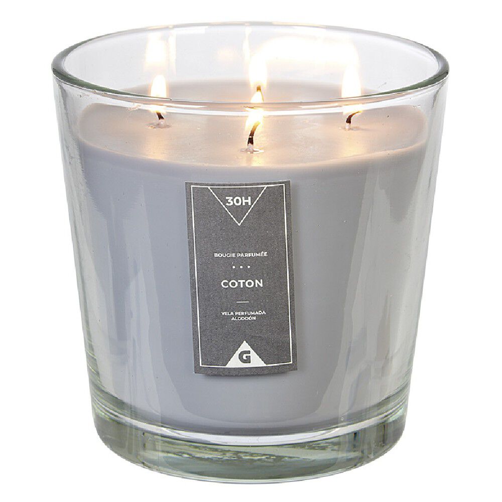 Bougie 4 mèches senteur coton gris dans verre transparent