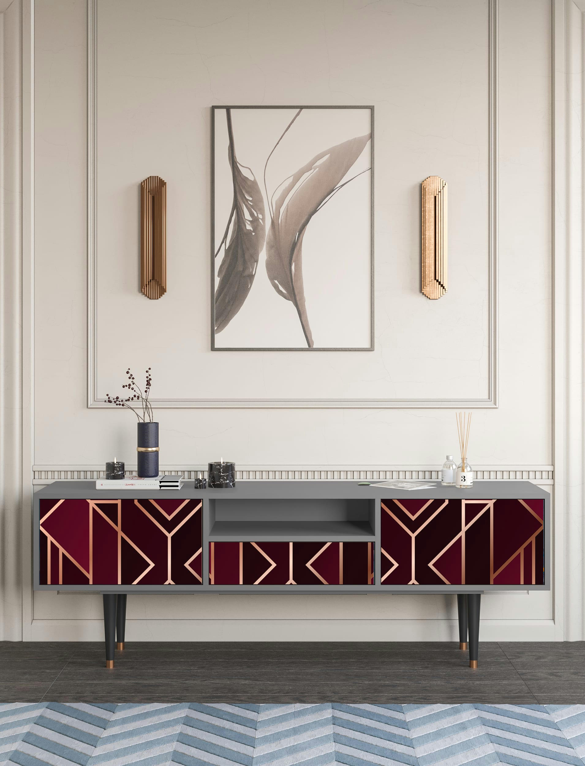 BURGUNDY JEWELERY - Meuble TV  bordeaux 1 tiroir et 2 portes L 170 cm