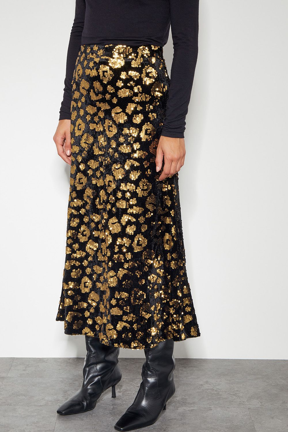 Monsoon Arwen Sequin Leopard Velvet Midi Skirt Black