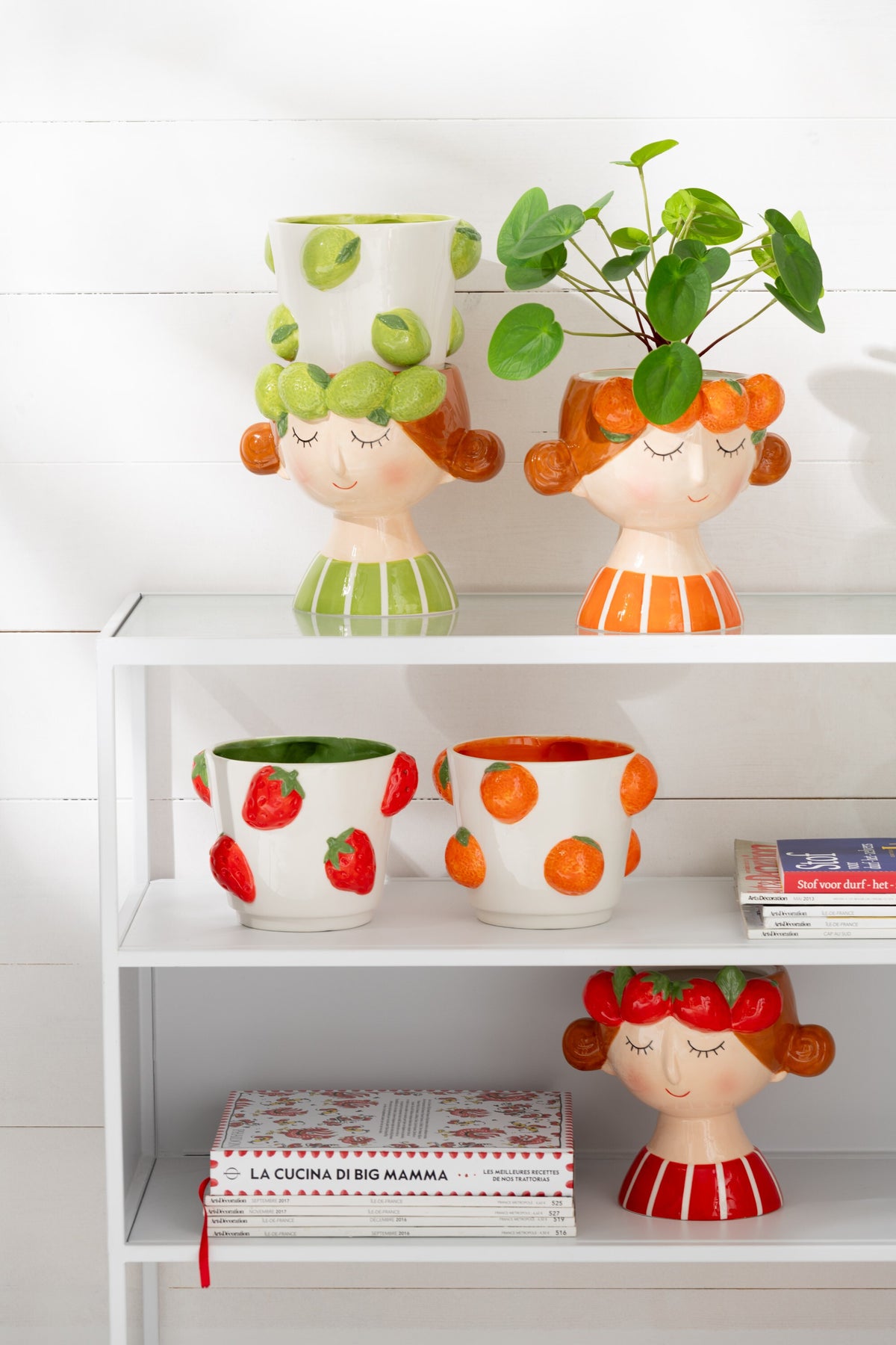 J-Line bloempot 2 Delen Aardbei Meisje Dolomiet - keramiek - mix - Ø 17.5 cm