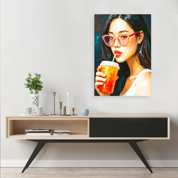 Feeby Obraz młodzieżowy, Dziewczyna w okularach pijąca Kawę 40x60