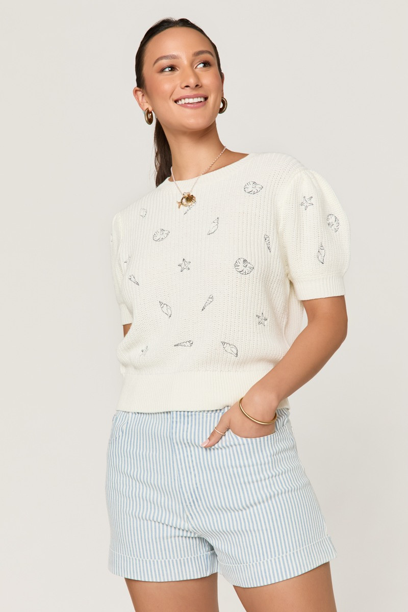 Nina Embroidered Seashell Sweater Tee