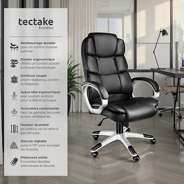 Fauteuil de direction rotatif 360 en polyuétane avec accoudoirs noir