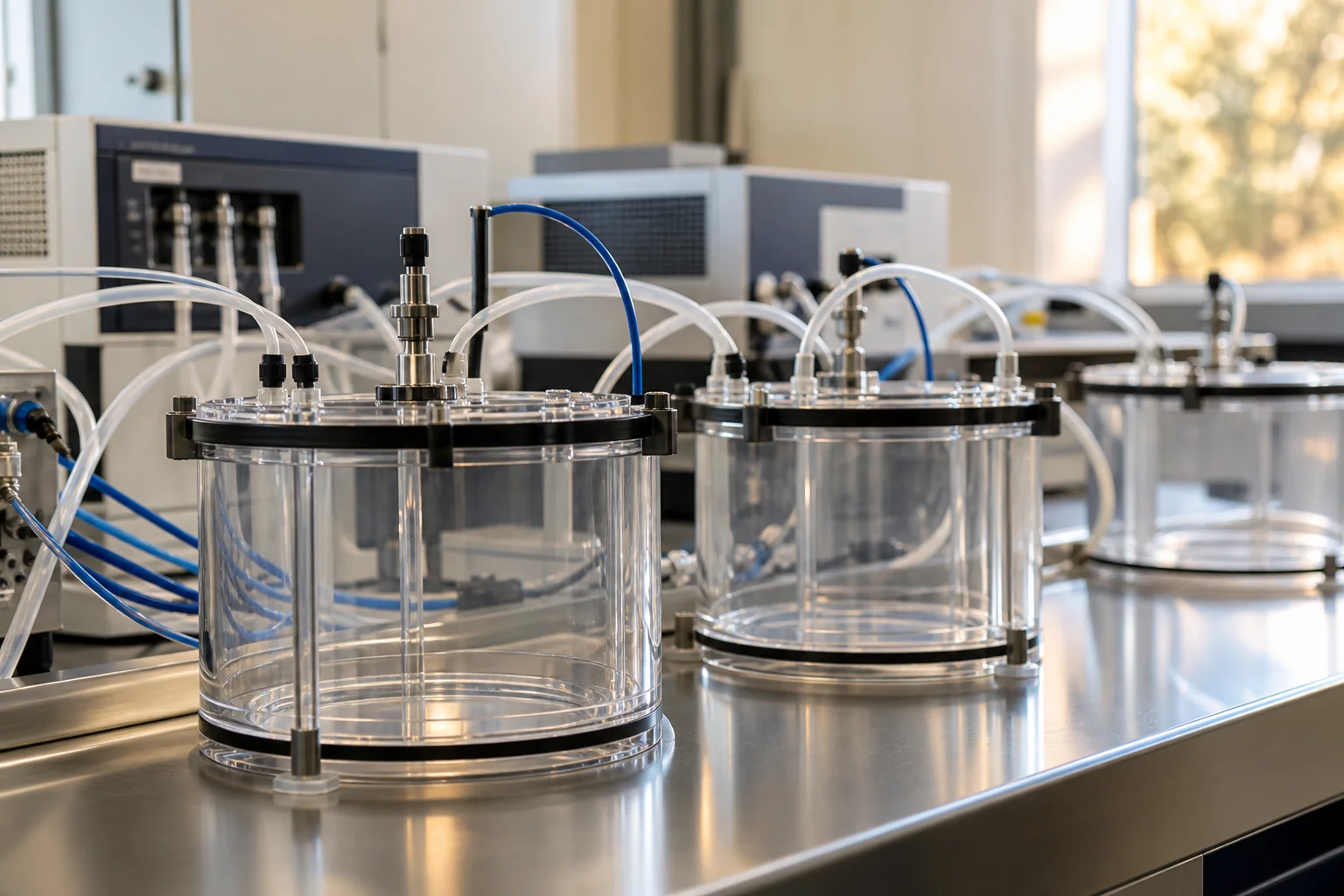Illustrative laboratory photograph of empty transparent respirometry chambers connected to tubing on a bench.