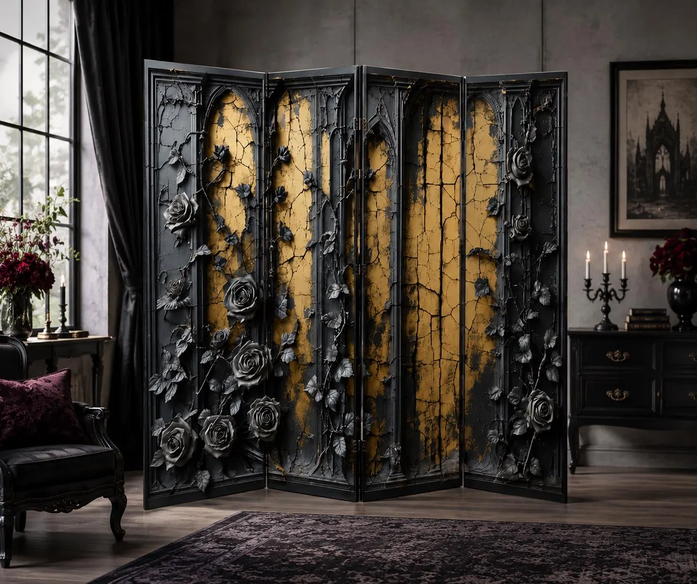 Gothic Room Divider | Black Gold Folding Privacy Screen | Victorian Floral Divider | Home Office Partition | Decorative 4 Panel Screen