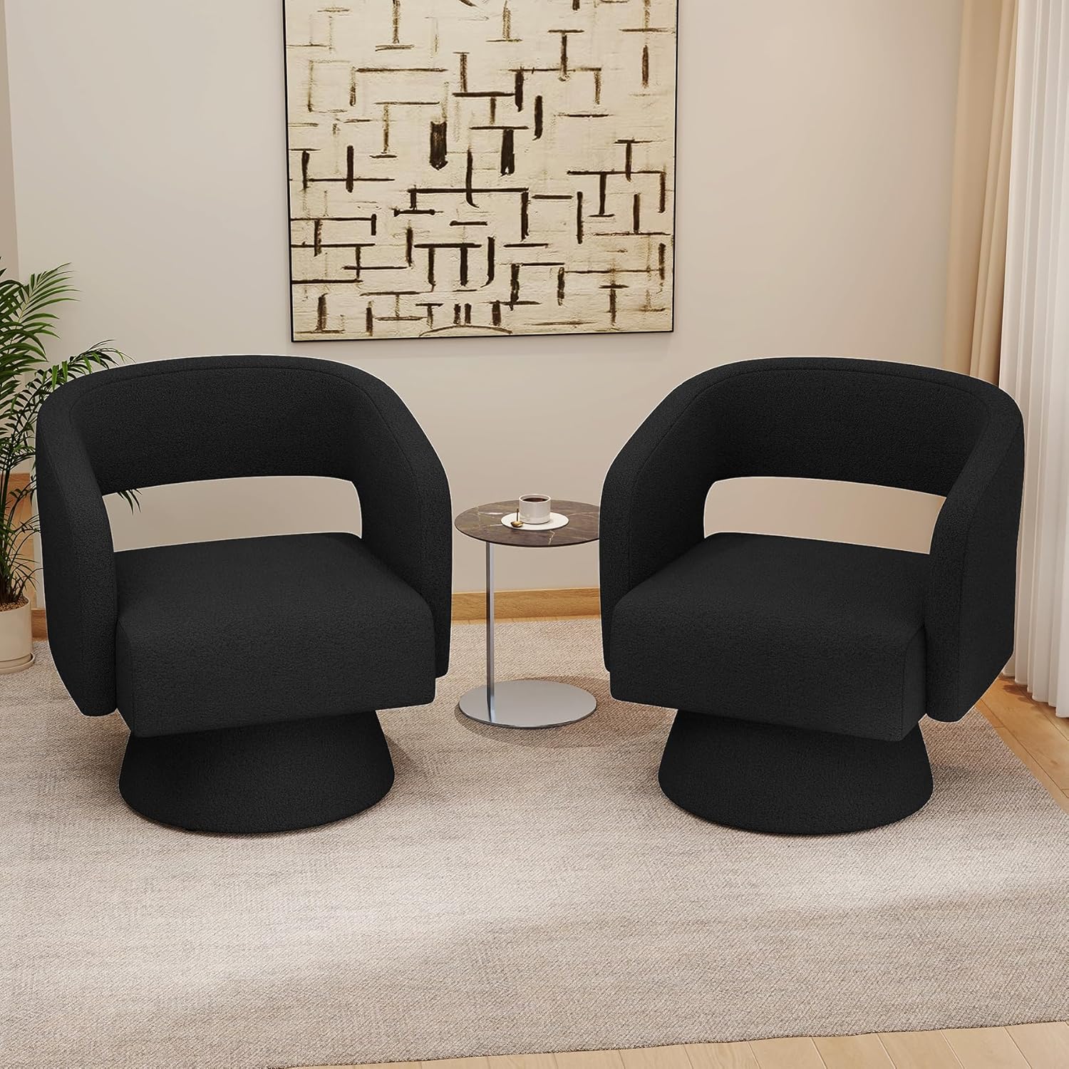 Swivel Accent Chair Set of 2, Modern Comfy Teddy Barrel Chairs, Oversized Upholstered Round Arm Chair for Living Room, Bedroom, Reading Room, Black
