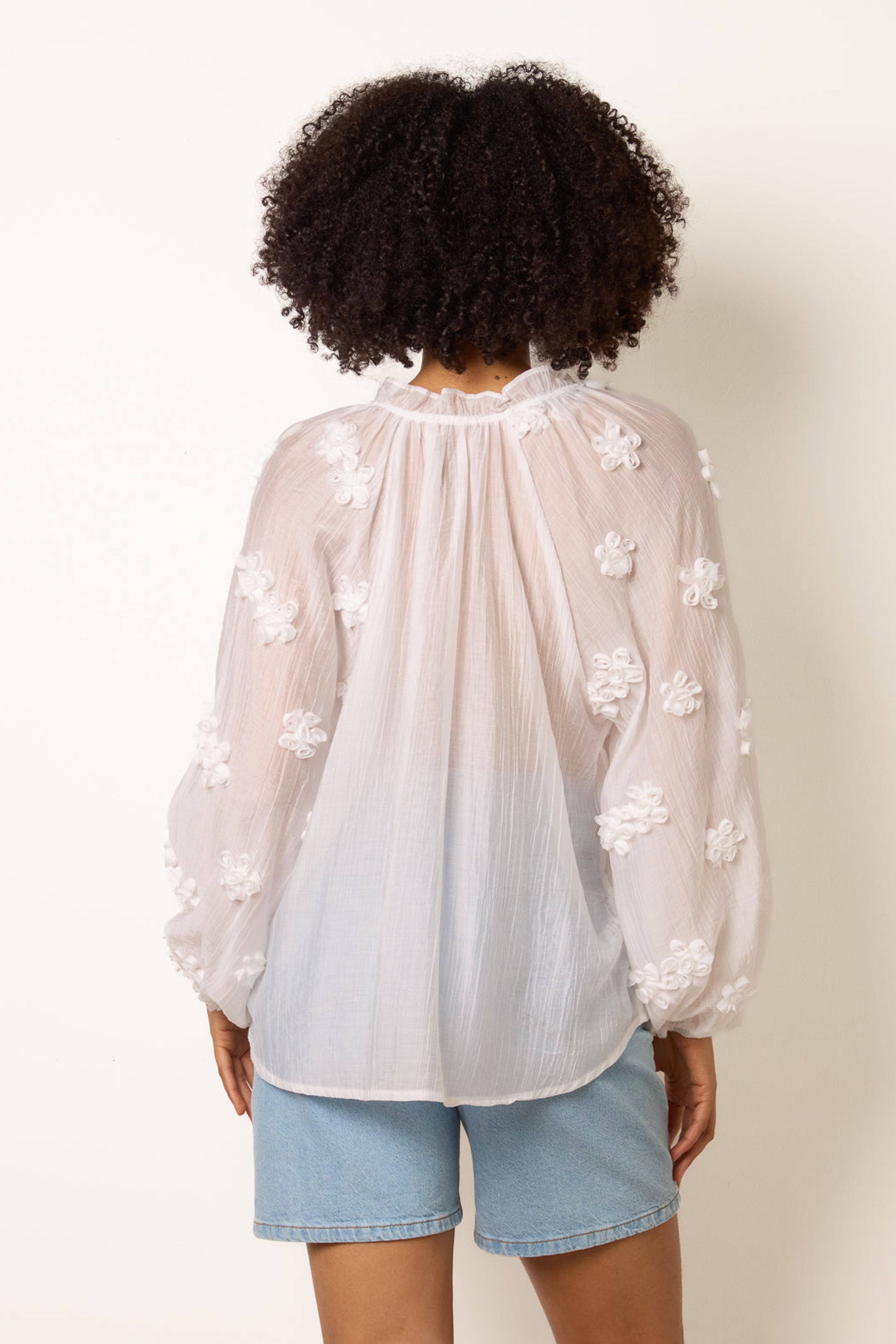 Blue Vanilla Ivory Floral Embroidery Top