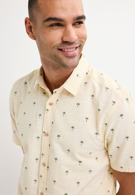 Mens Yellow Palm Tree Print Cotton Shirt
