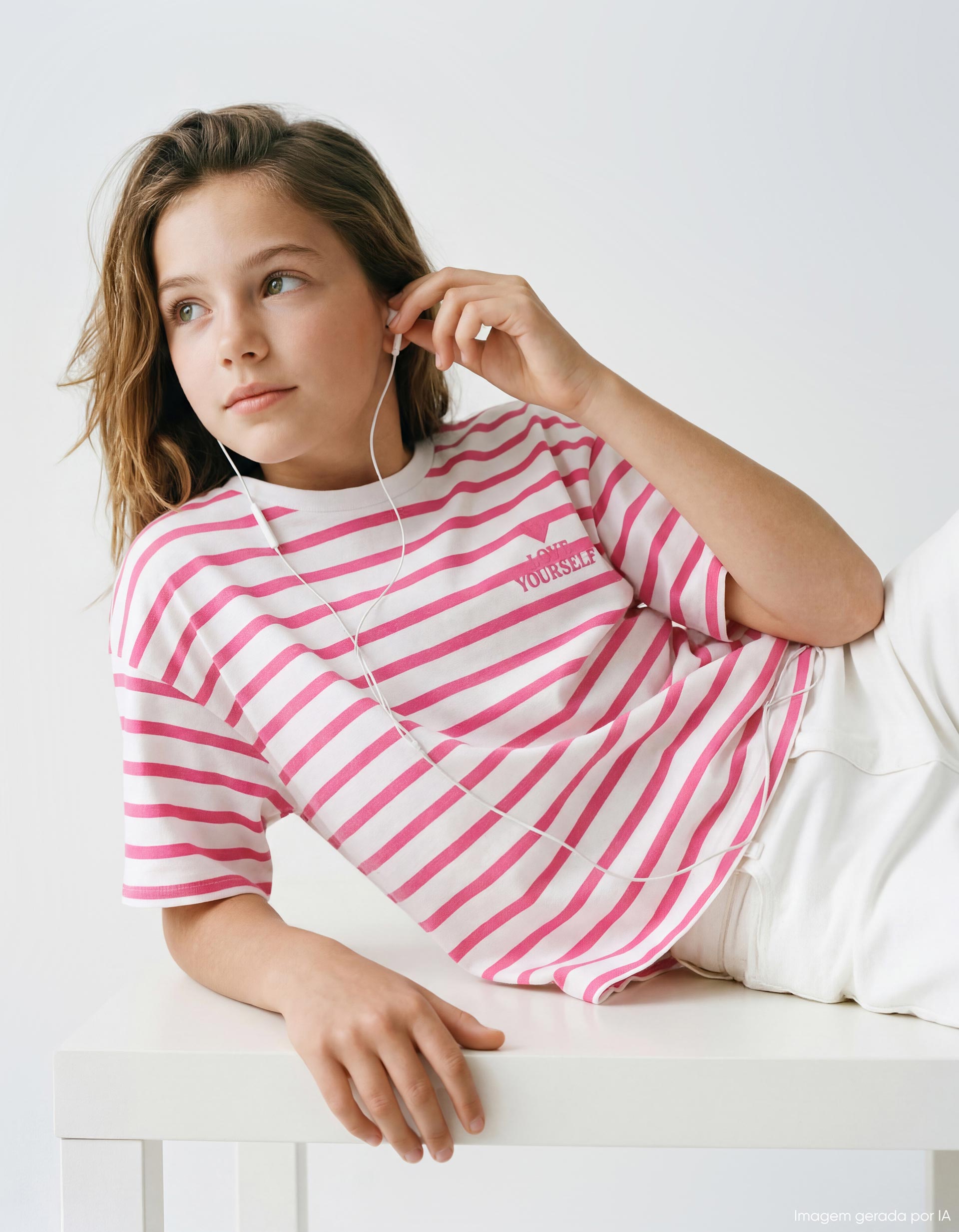 T-shirt Riscas, Menina, Rosa