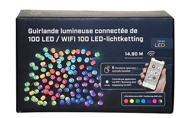 Guirlande lumineuse LED connectée intérieure et extérieure multicolore câble noir 6 fonctions 14,90 m