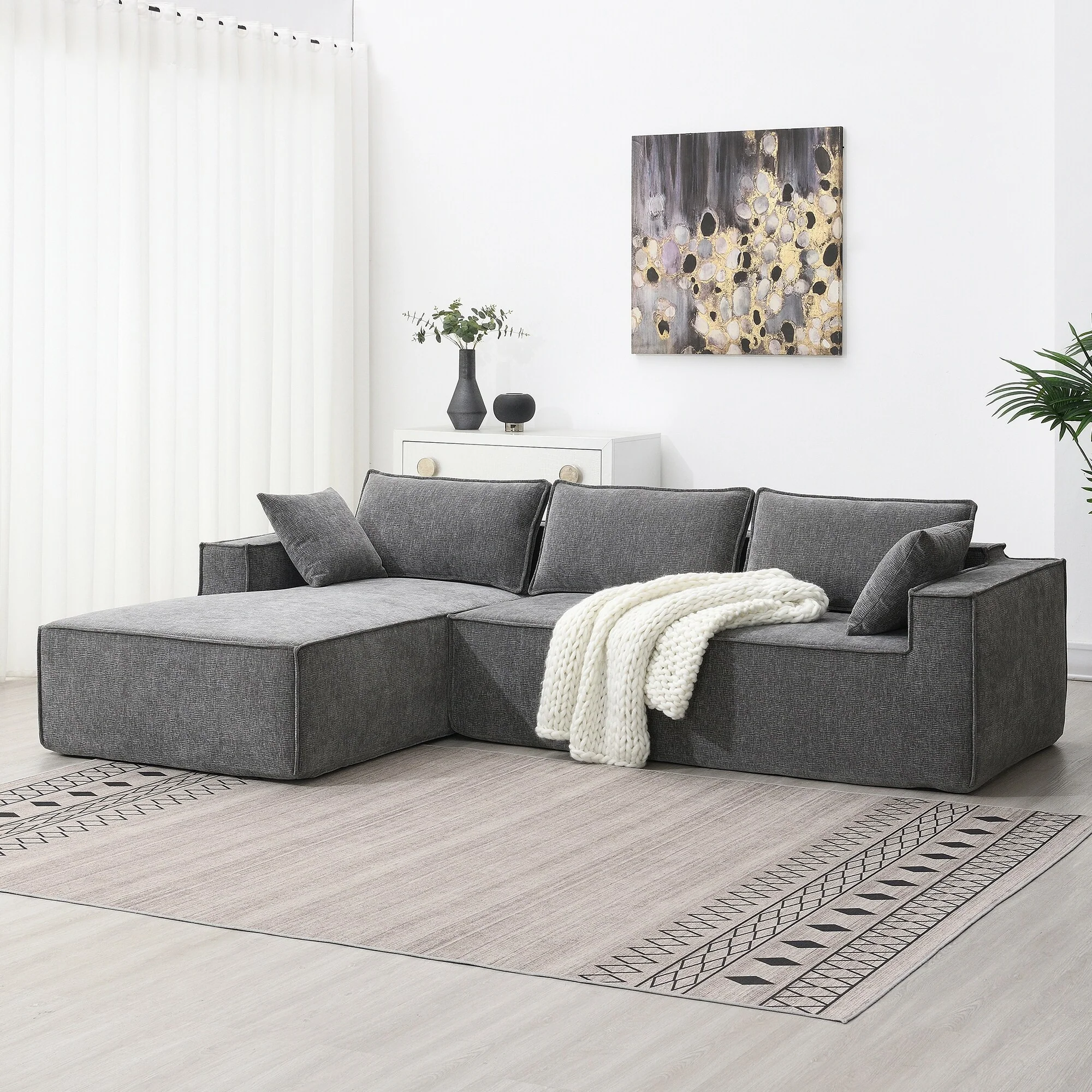 Modern Modular Sofa with All Sponge Cushion and Wrinkle Resistant Chenille for Living Room or Guest Room, No Assembly