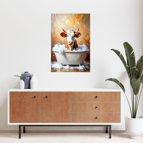 Naklejka samoprzylepna do salonu Feeby Krowa w wannie z pianą 20x30