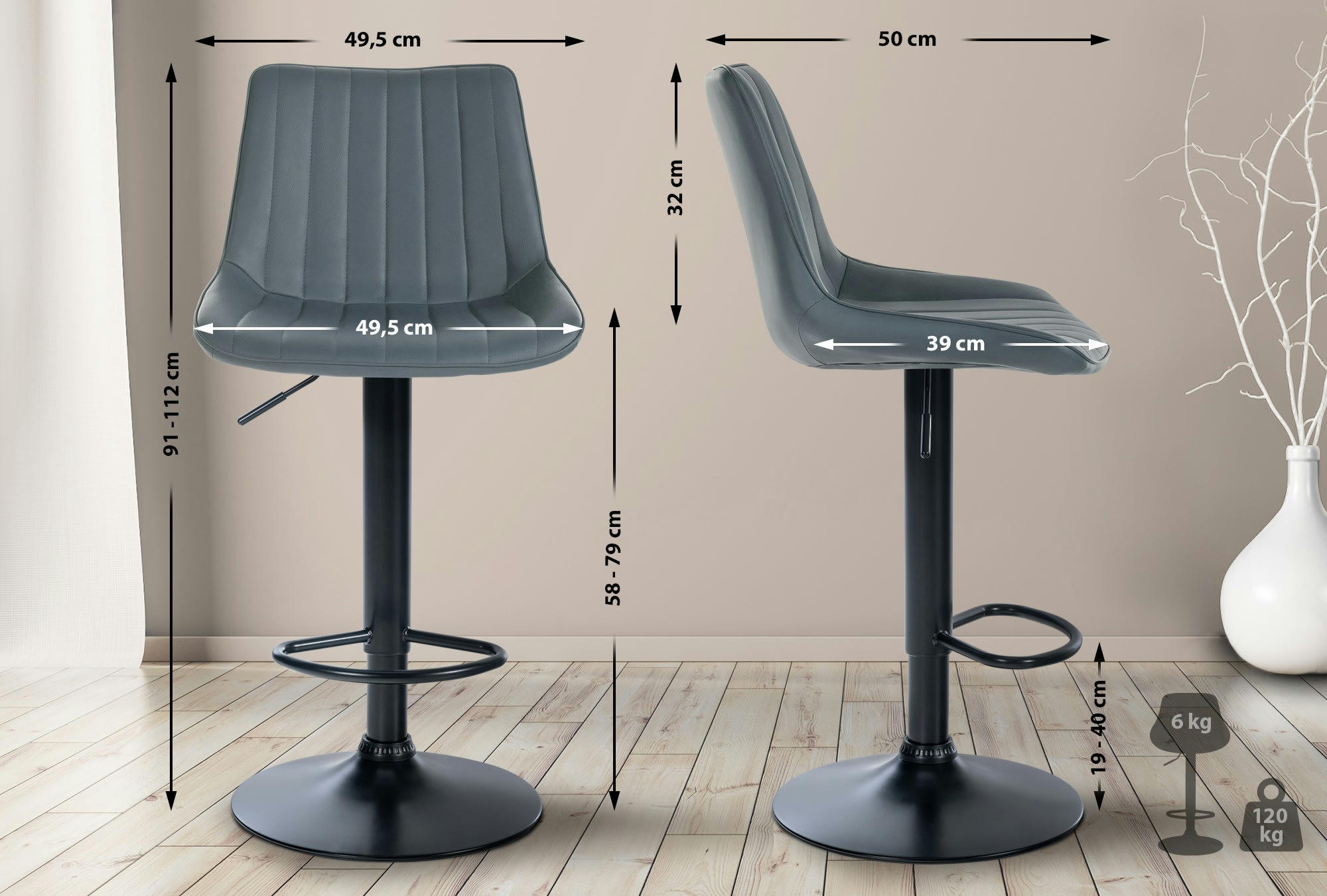 TONI - Tabouret de bar similicuir ajustable pivotant similicuir Gris