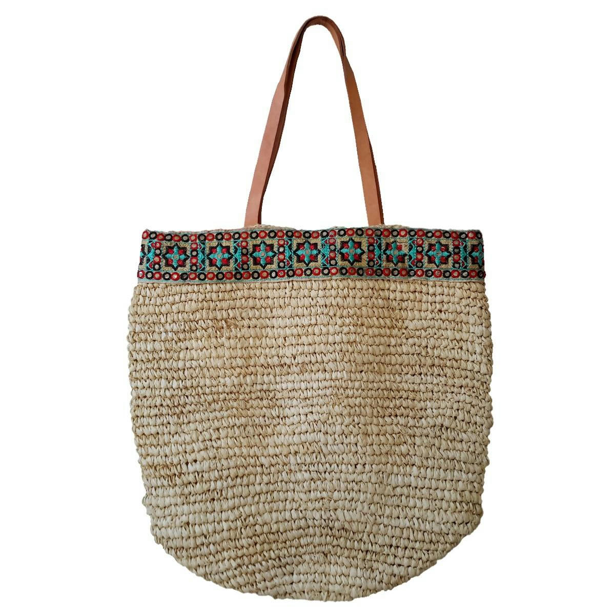 RAPHIA - Sac en raphia naturel brodé, beige 