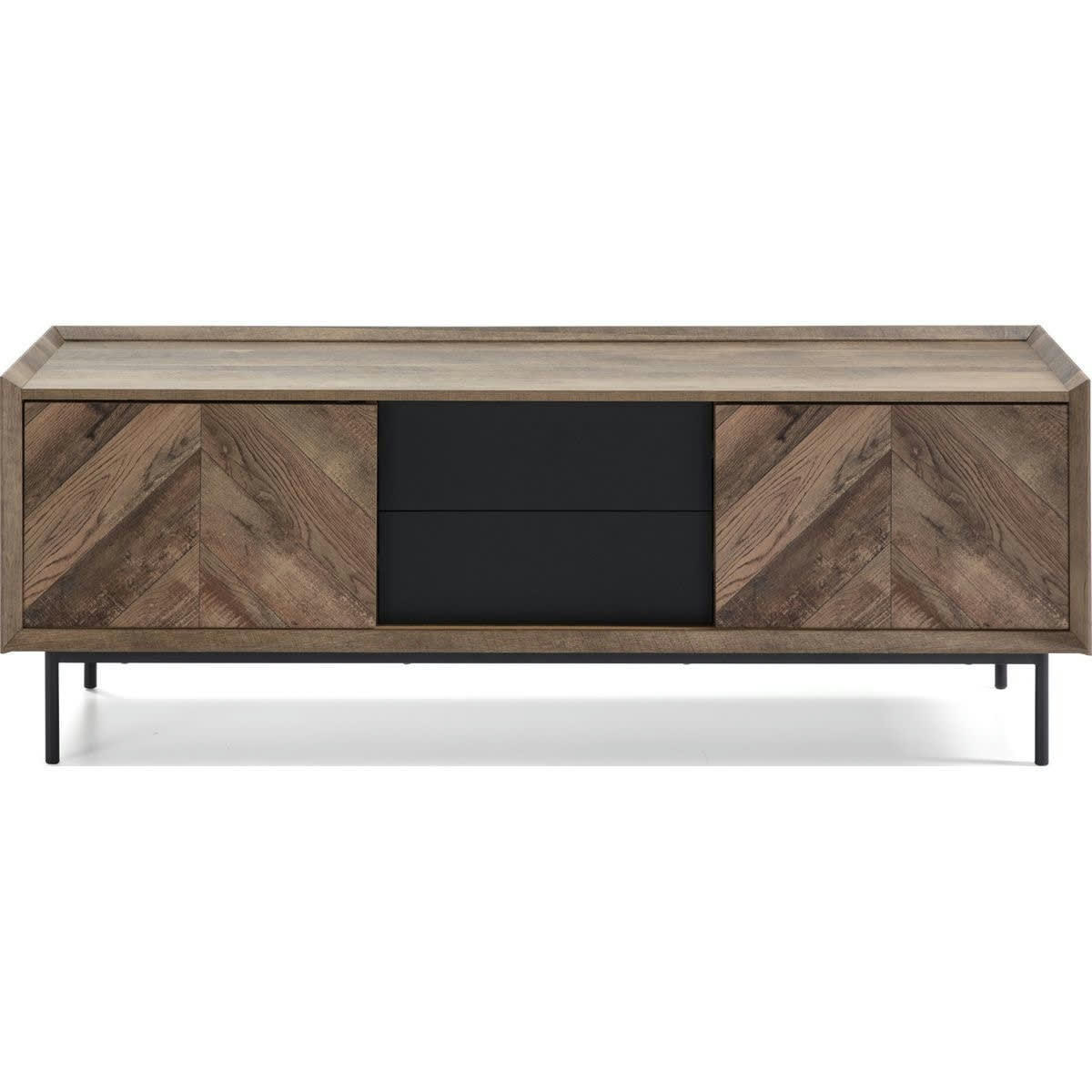 MARIO - Meuble TV 2 portes 2 tiroirs effet chêne à chevrons / noir 147 cm