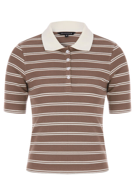 Womens Chocolate Brown Stripe Polo Collar Top