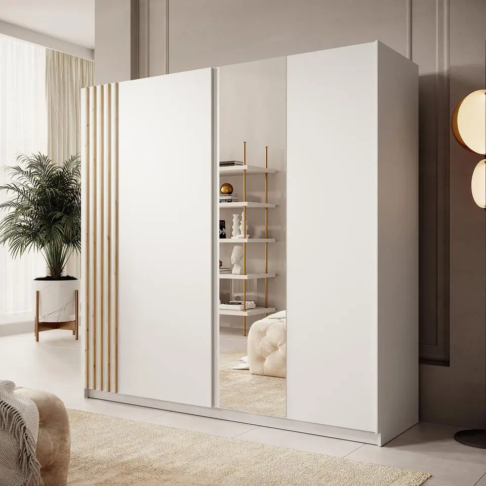 Meubella - Kledingkast Boets - Wit - Eiken - 200 cm - Met spiegel