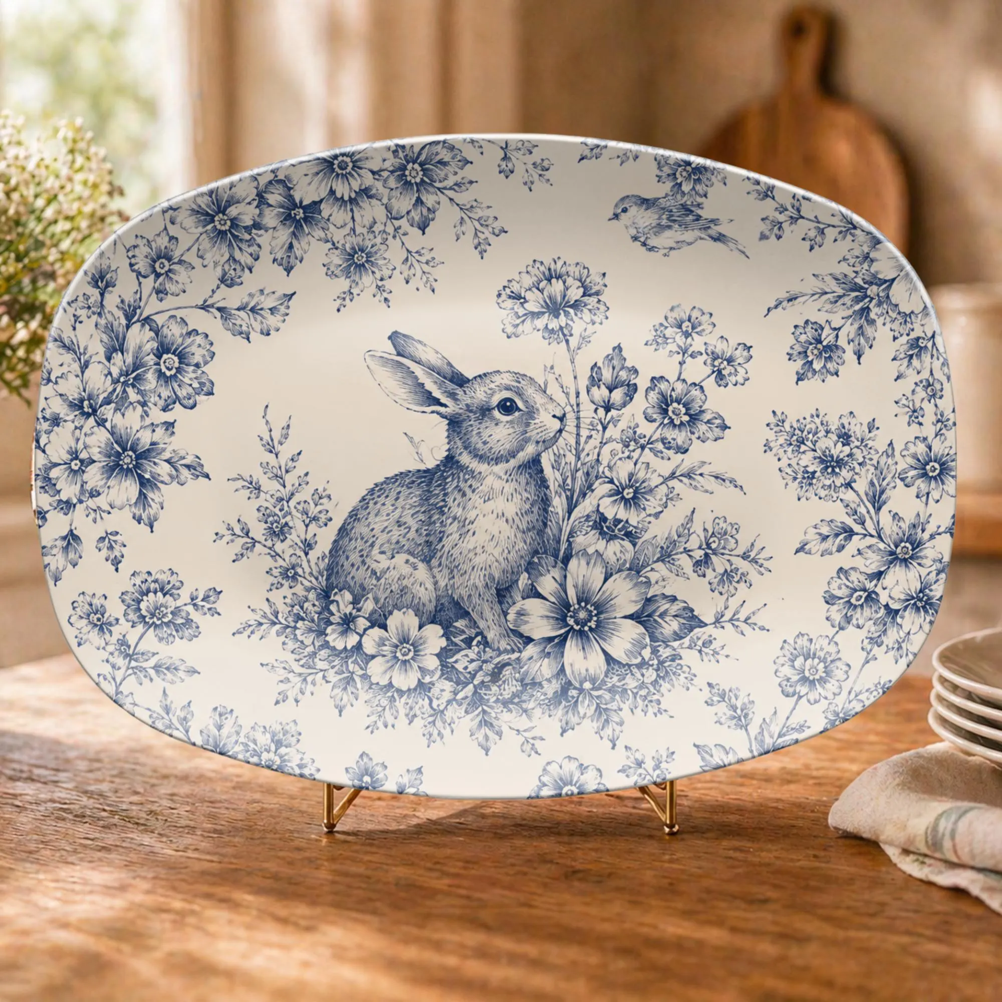 Blue Toile Bunny Platter: Vintage Inspired Rabbit Serving Tray, Floral Cottagecore Spring Unbreakable Dishes