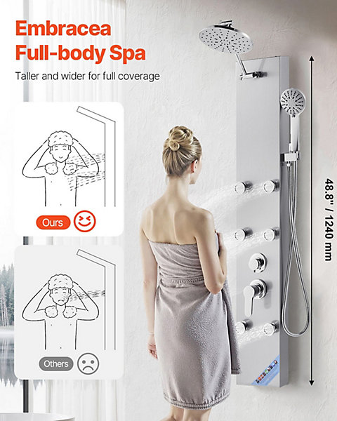 Colonne douche pommeau effet pluie acier brossé 124 cm 3 fonctions avec 6 jets corporels et douchette à main.