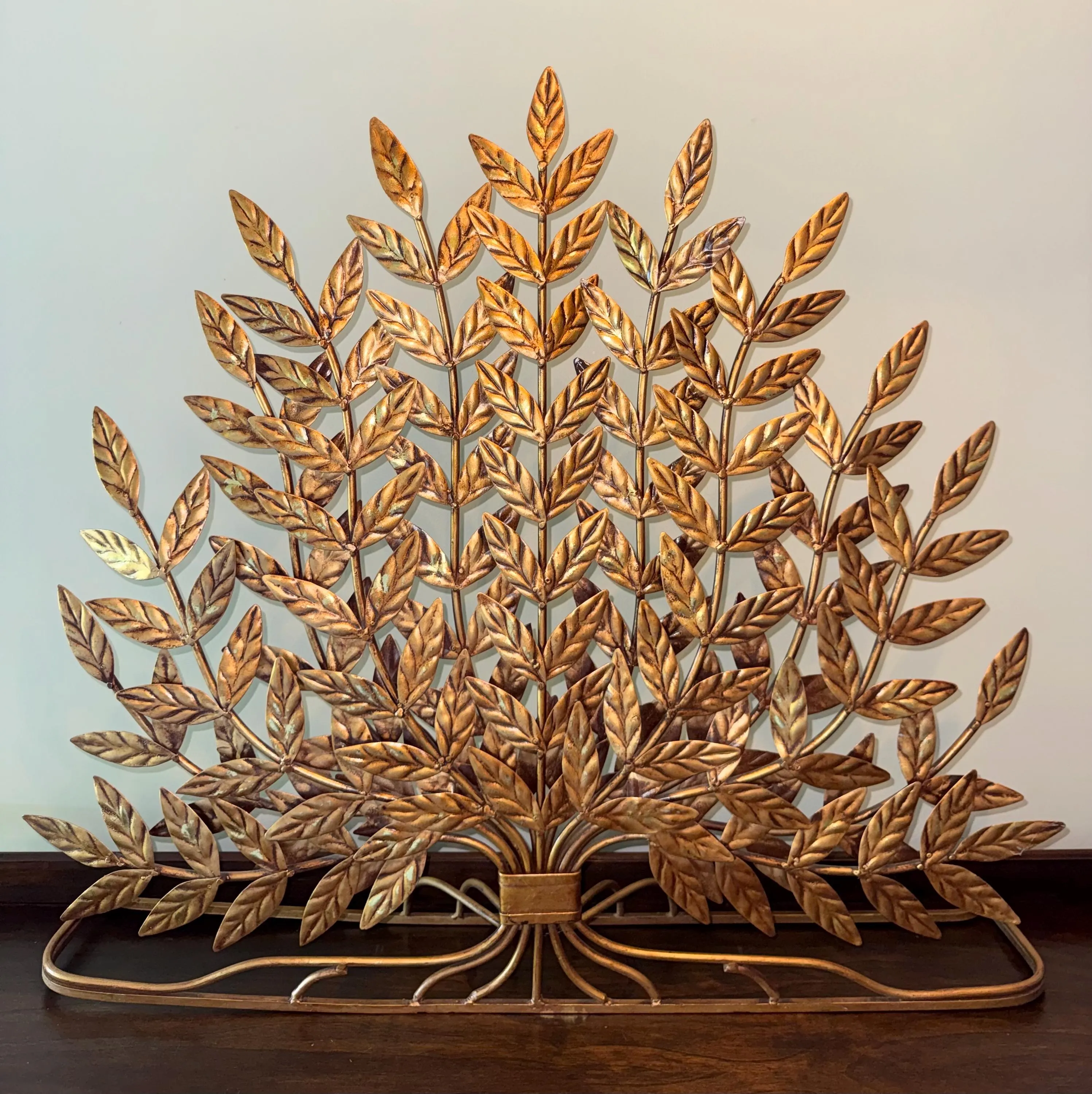 Vintage Hollywood Regency Style Gilt Metal Fireplace Screen | Bronze/Gold Tone Leaf Tree of Life