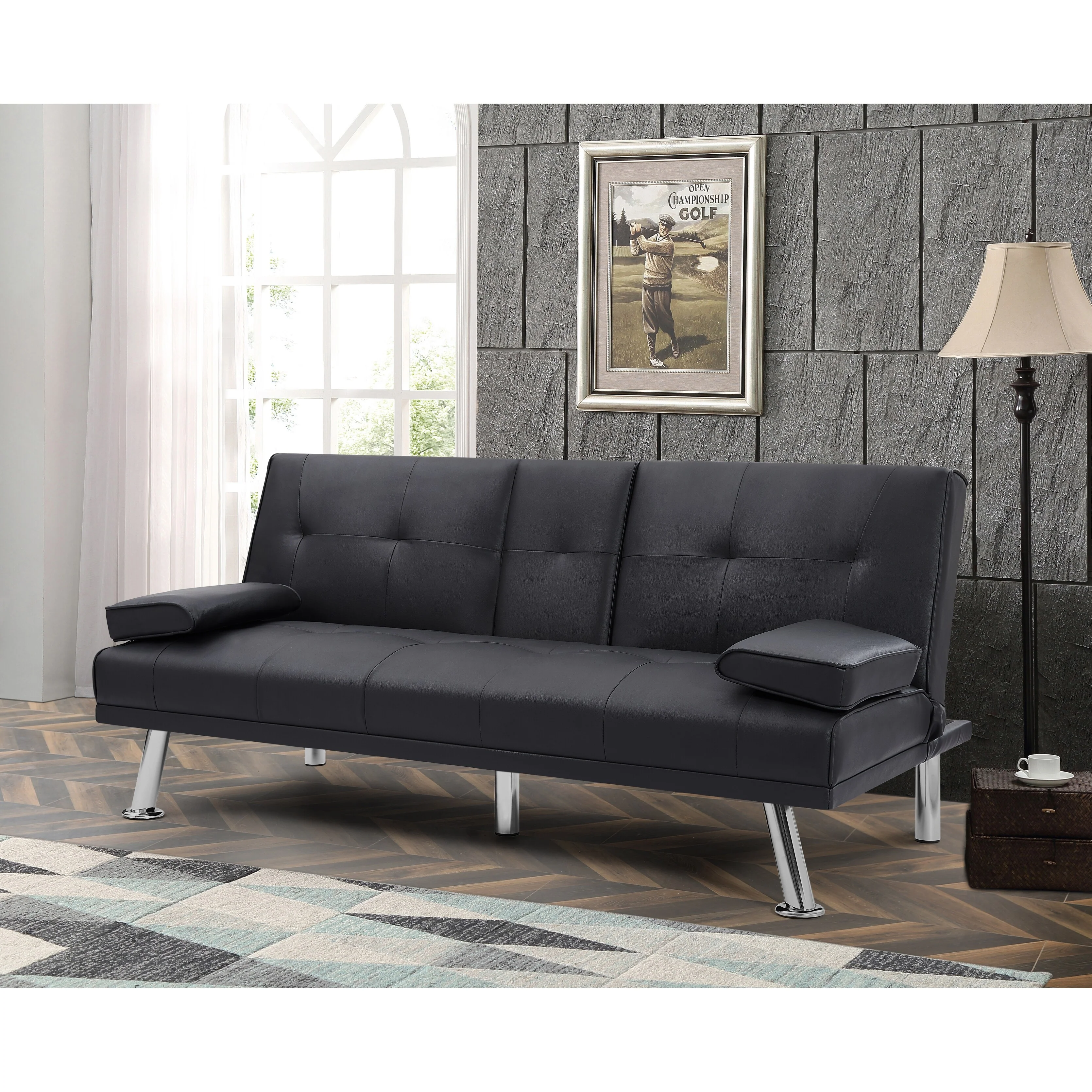 Black 66 Folding Loveseat Sofa Bed with Silver Metal Legs and Cup Holder for Living Room