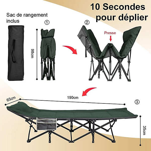 Lit de Camping Pliable Ultra-Résistant - Plein Air - Supporte jusqu'à 200 kg