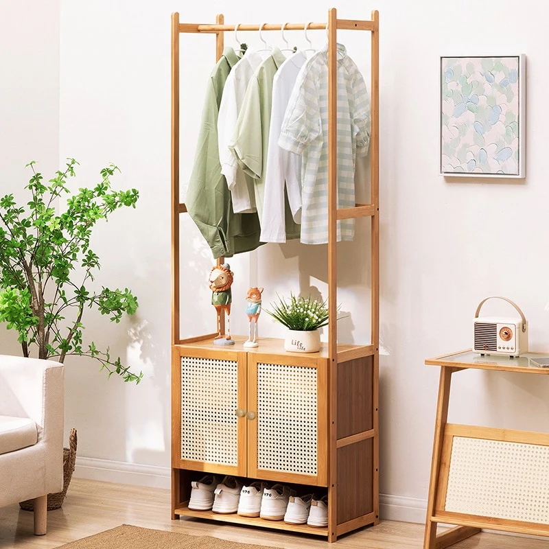 Bamboo Garment Rack with Clothes Rail Storage Organiser Freestanding - 21 x 13 x 66