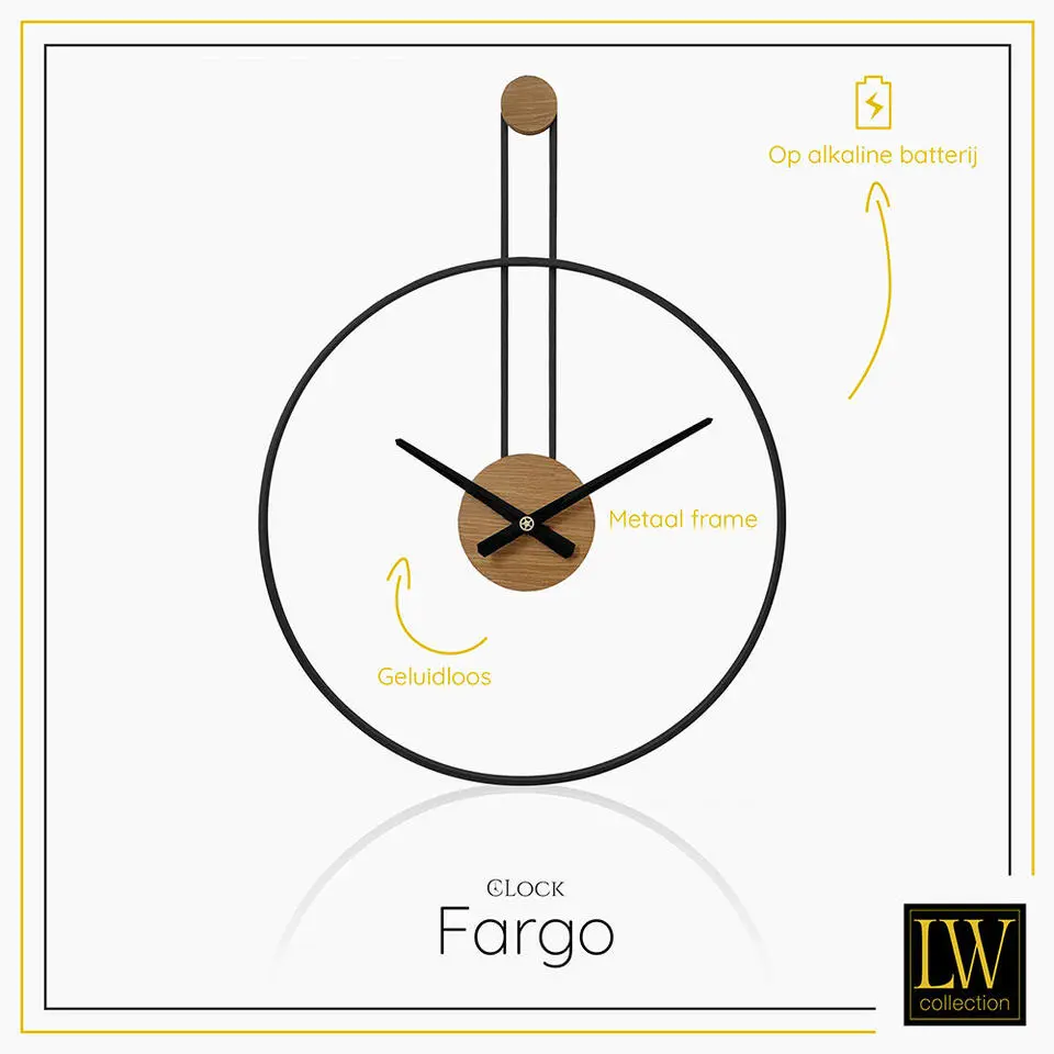 LW Collection Wandklok Fargo zwart 55cm