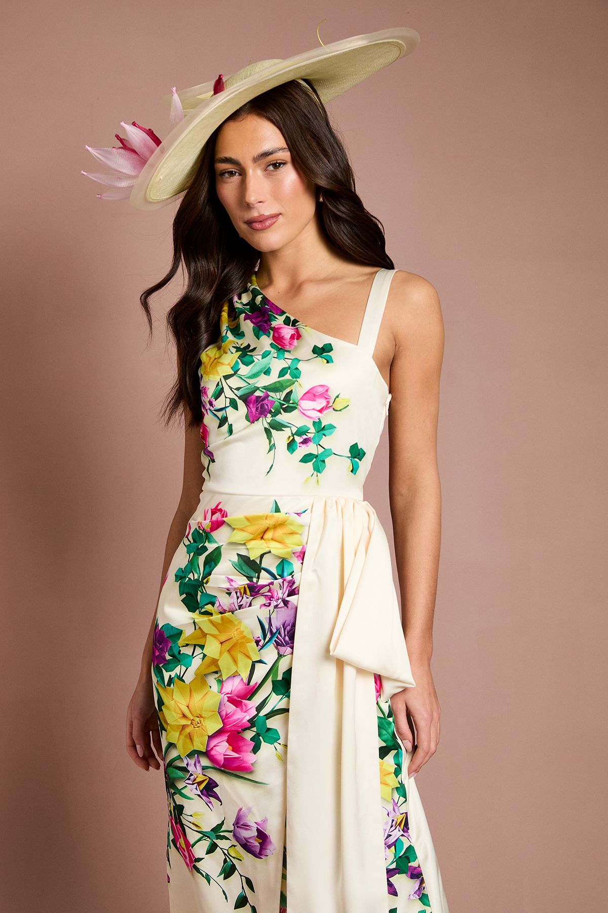 Coast Lisa Tan Placement Print Satin Floral Bow Detail Midi Dress