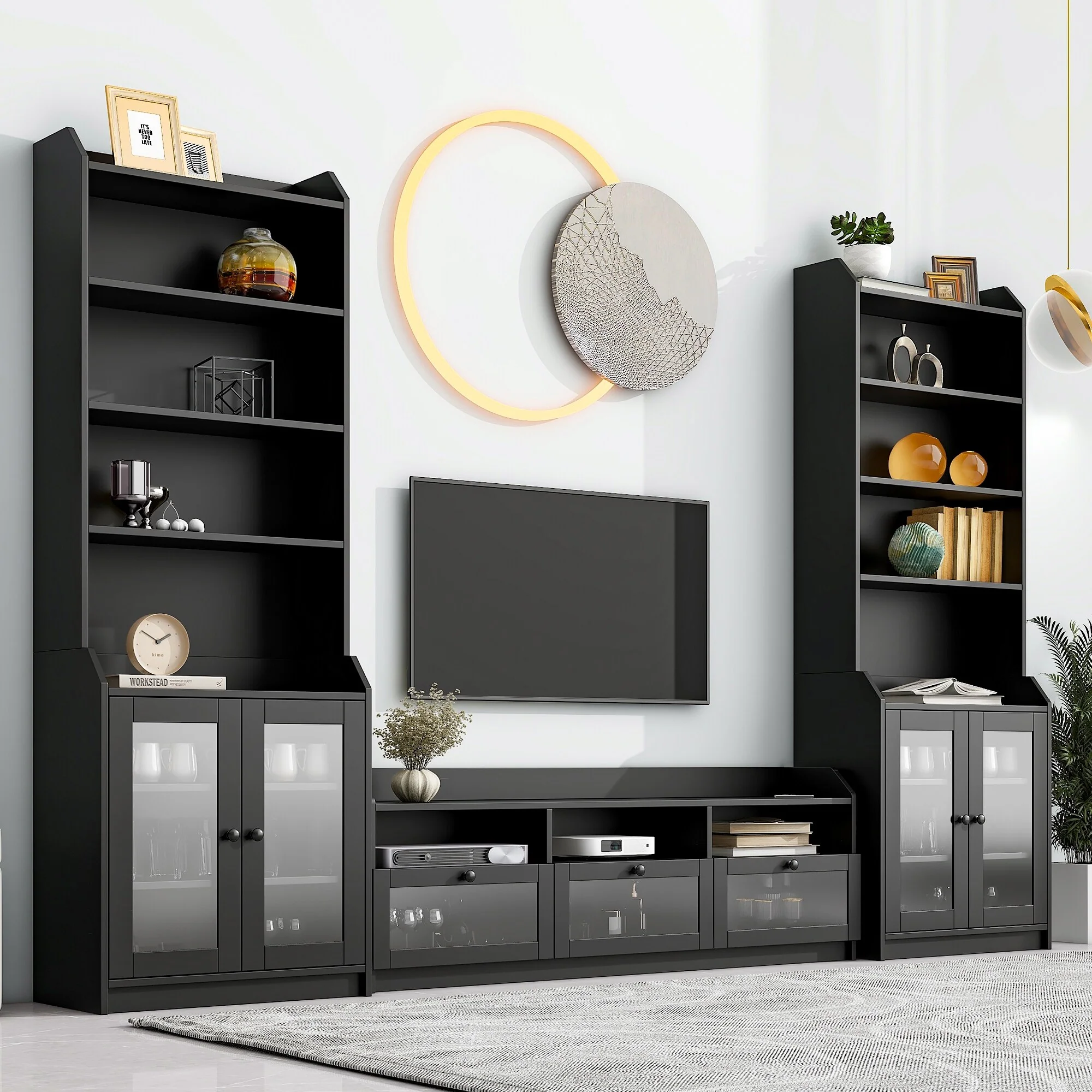 Black Entertainment Wall Unit Set for TVs Up to 65 with Tall Cabinets and 12 Shelves