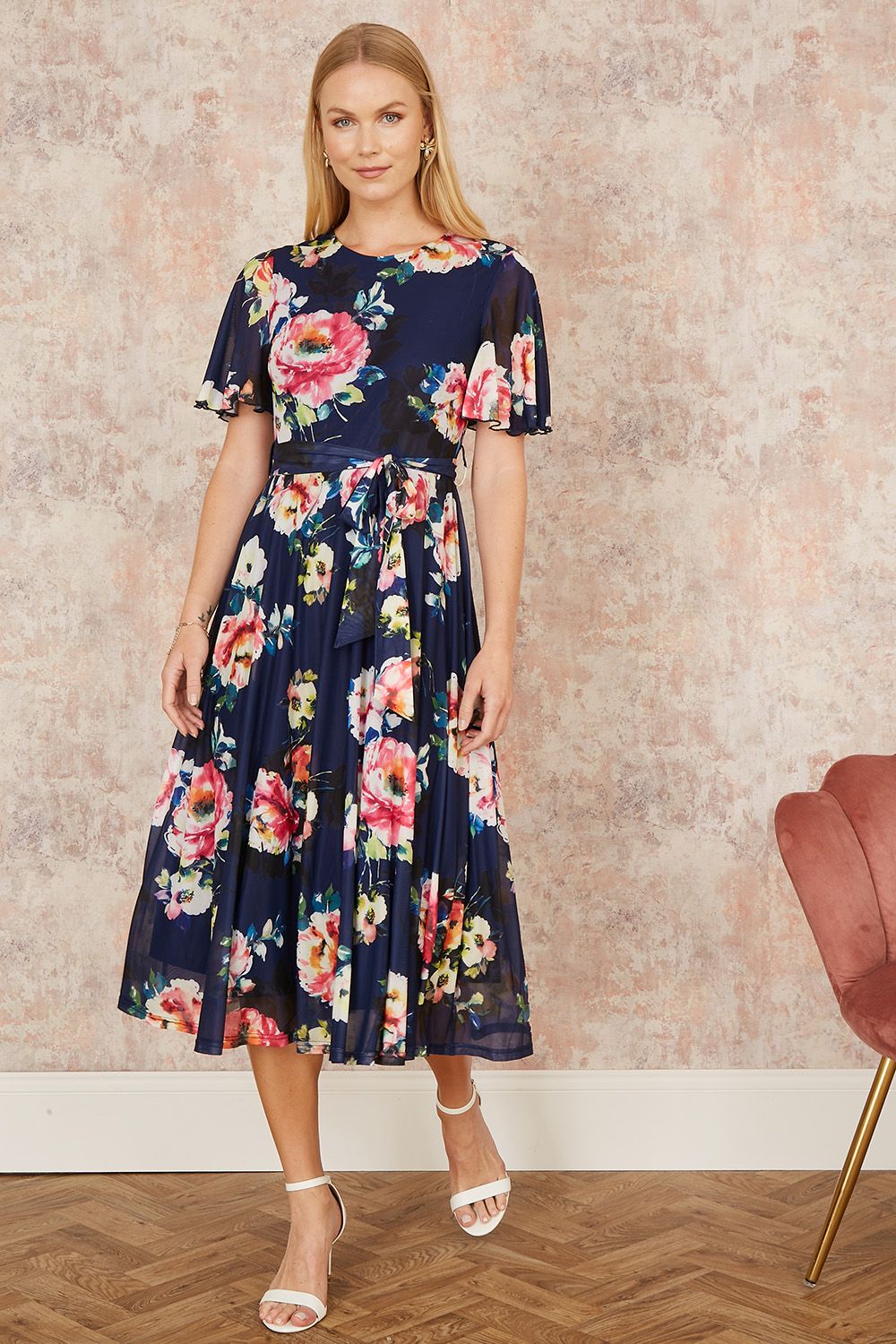 Yumi Yumi Navy Mesh Floral Print Midi Dress With Angel Sleeves